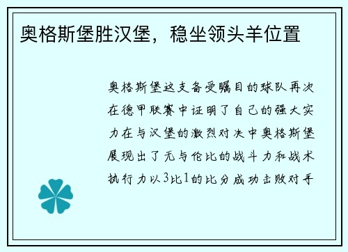 奥格斯堡胜汉堡，稳坐领头羊位置