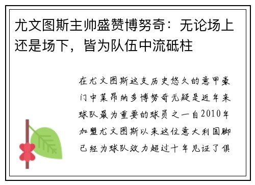 尤文图斯主帅盛赞博努奇：无论场上还是场下，皆为队伍中流砥柱