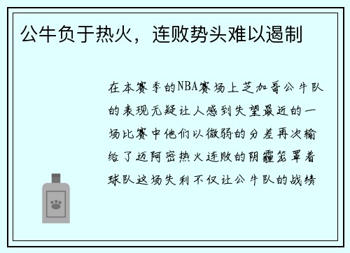 公牛负于热火，连败势头难以遏制