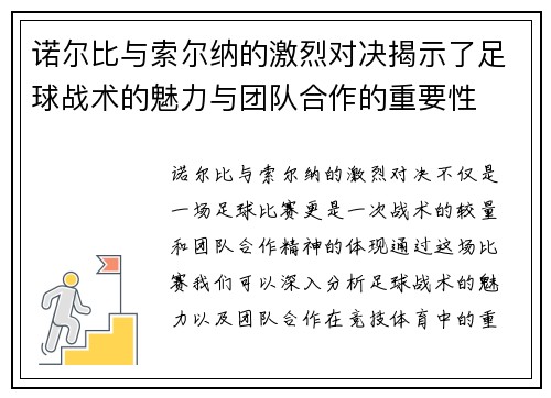 诺尔比与索尔纳的激烈对决揭示了足球战术的魅力与团队合作的重要性