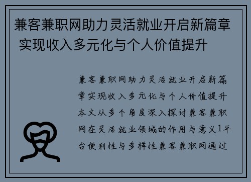 兼客兼职网助力灵活就业开启新篇章 实现收入多元化与个人价值提升