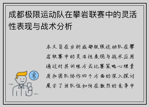 成都极限运动队在攀岩联赛中的灵活性表现与战术分析
