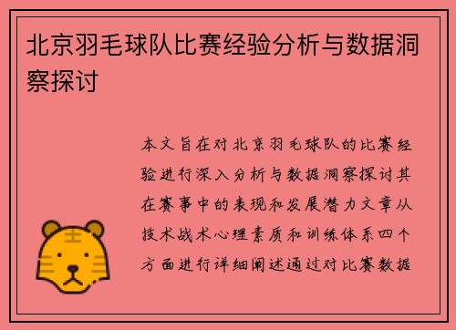 北京羽毛球队比赛经验分析与数据洞察探讨